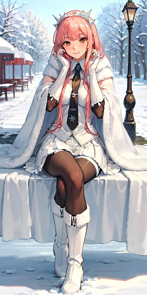 (masterpiece, sidelighting, finely detailed beautiful eyes: 1.2), glowing eyes, shiny hair, lustrous skin, solo, embarrassed, medb (fate), outdoors, cloak, white cloak, fur trim, knee boots, snow, street, lamppost, full body, Nsfw, (masterpiece, best quali...