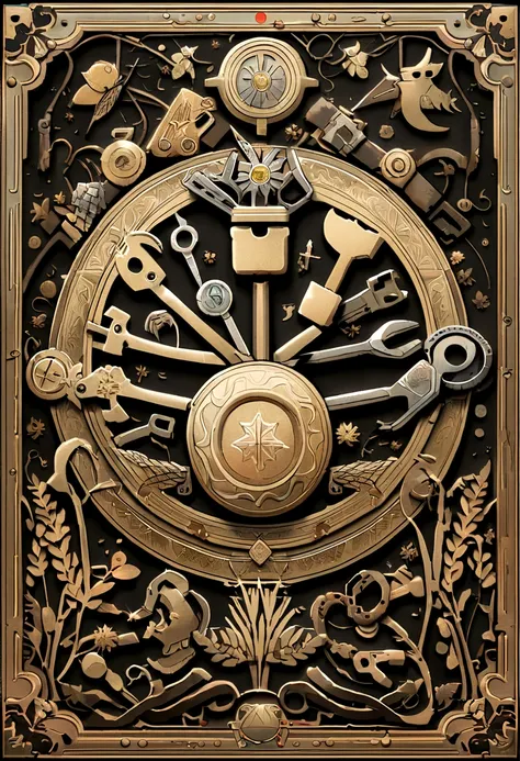 （Game achievement badge design），silver medal，Flat 2D effect，Ear of wheat border，(In the middle of the medallion is the hammer and wrench intersecting icon)