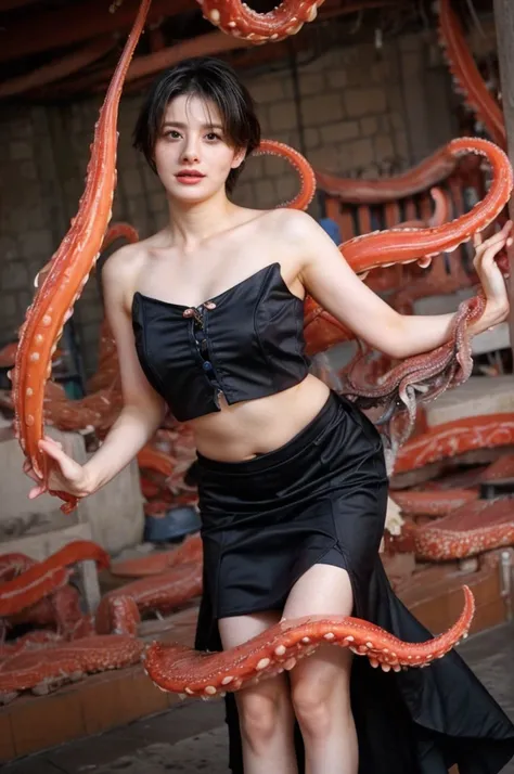 having tentacle sex, (many alien tentacles:1.2), torn, see-through dress, too many, constraints, (multiple inserts:1.2), short h...