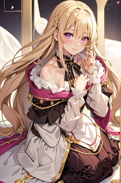 solo, light almond hair, long hair, dark pink eyes, sweet smile, subtle blush, large chest