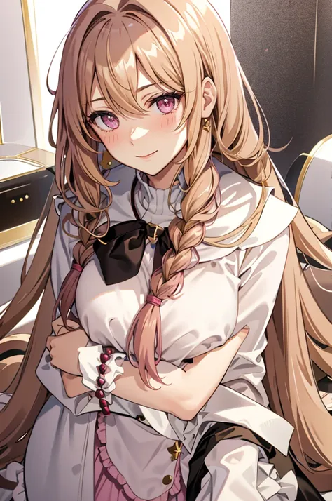 solo, light almond hair, long hair, dark pink eyes, sweet smile, subtle blush, large chest