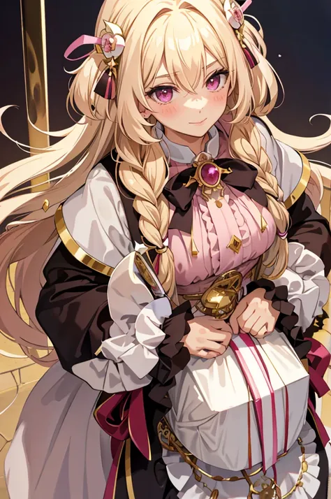 solo, light almond hair, long hair, dark pink eyes, sweet smile, subtle blush, large chest