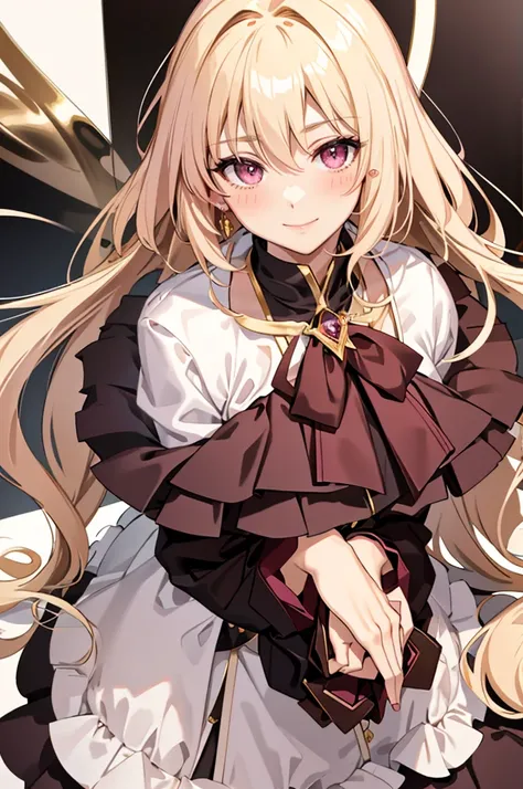 solo, light almond hair, long hair, dark pink eyes, sweet smile, subtle blush, large chest