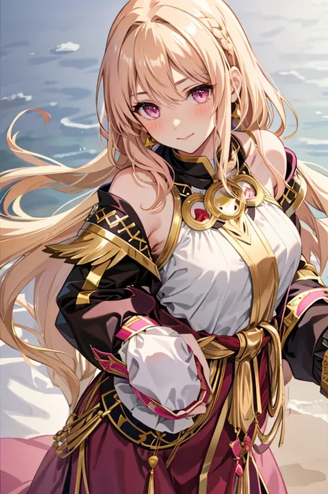 solo, light almond hair, long hair, dark pink eyes, sweet smile, subtle blush, large chest