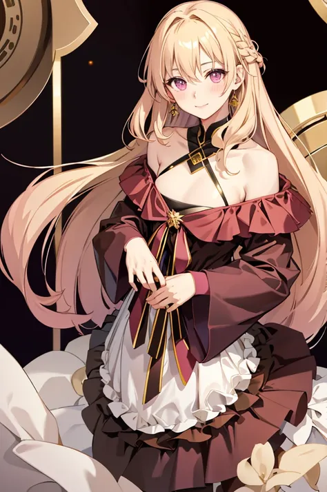 solo, light almond hair, long hair, dark pink eyes, sweet smile, subtle blush, large chest