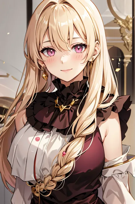 solo, light almond hair, long hair, dark pink eyes, sweet smile, subtle blush, large chest