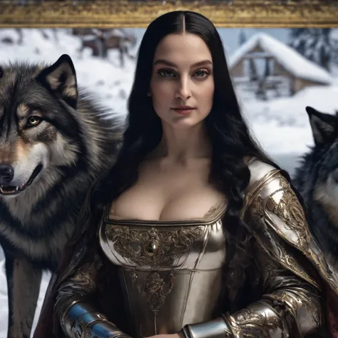 4k highly detailed realistic digital extremely high quality RAW photograph, a portrait photo of Mona Lisa that lived with wolves her whole life is now leading them to battle. torn clothes exposing (nude:1.4) body, armored pauldrons, fangs, curled horns, bi...