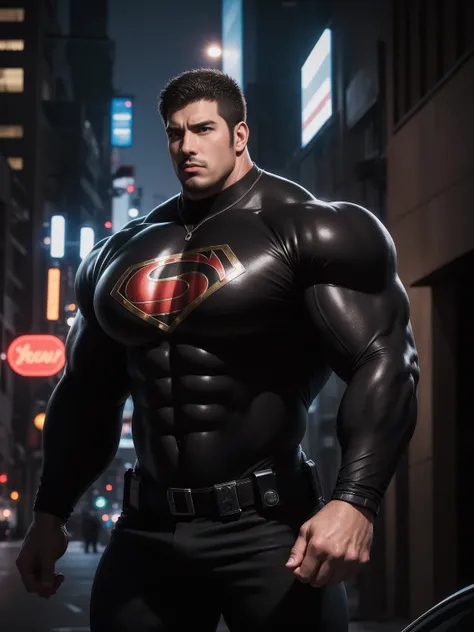 One Tall giant muscular police officer, outdoors on the street, Brown Superhero Bodysuit, The expression is arrogant, Lift your chin, messy hair, Thick thighs, Brown Superhero Bodysuit, very tight, Regular symmetrical pattern, Highlight muscles, Police uni...