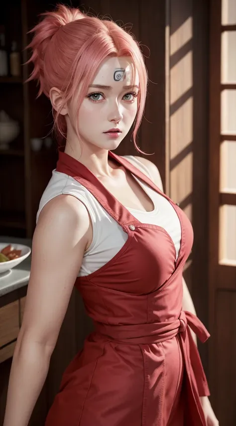 Super realistic Naruto Haruno Sakura，rich in details，Fille aux cheveux rouge très courts，（Tenue à épaules dénudées：1.3），red clothing，front，une fille，gros seins，Prune，visage rougi，Best quality，chef-d&#39;artwork, during the day，matin，Johnny Depp traverse la...