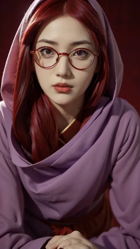 1girl, uzumaki karin in anime naruto, long hair, red hair, red eyes, beautifull, wear glasses red, purple clothes, muslim clothe...