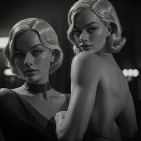 an american woman in a 1930s setting, resembling margot robbie, blonde, looking straight ahead, photorealism, noir lighting, foc...