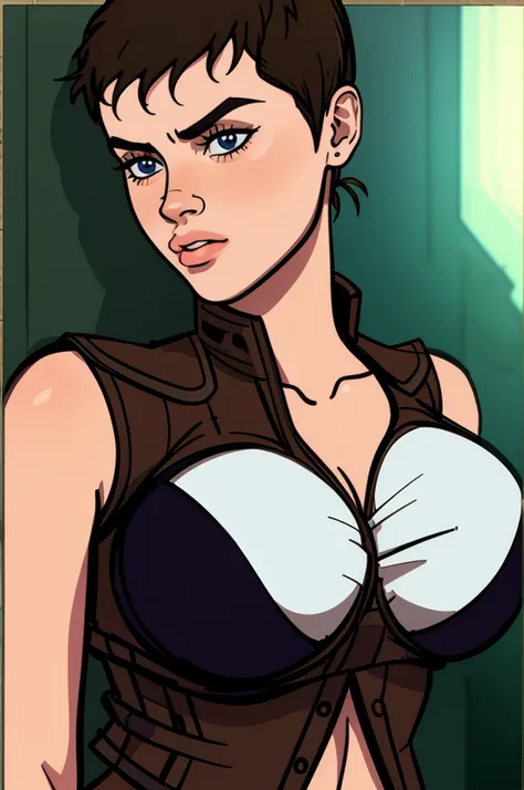 a woman in leather vest and bra | | very very anime!!!, fine - face, audrey plaza, realistic shaded perfect face, fine details. ...