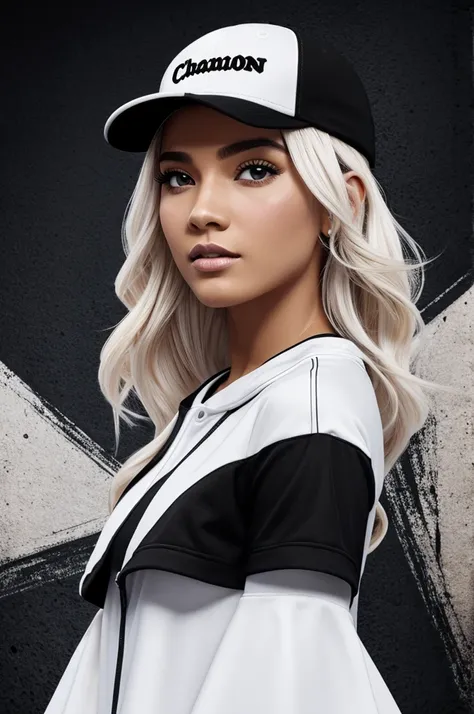 Persona de color blanca, con gorra y vestida toda de negro, background that says champion, animated the image 