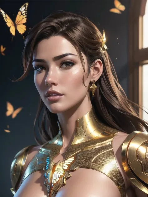 8k portrait of beautiful cyborg with brown hair, intricate, elegant, highly detailed, majestic, digital photography, art by artgerm and ruan jia and greg rutkowski surreal painting gold butterfly filigree, broken glass, (8k, RAW photo, best quality, master...