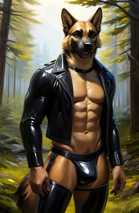 Solo, male, black and tan color fur, german shepherd dog, wearing a leather black jacket, leather harness underneath, black rubber latex jockstrap, thick bulge, evil smile expression, standing near a tree, at a forest, by chunie, details face, detailed bod...