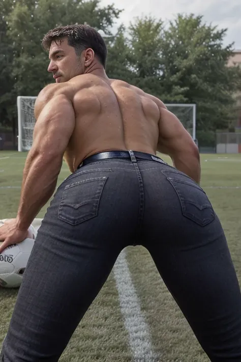 (((Muscular man))) masterpiece, best quality, high resolution, closeup portrait, male focus, solo focus, A man, 50 years old, grey hair, soccer player, football player, grey silver hair, messy hairstyle, cute and seductive face, bare chest, body hair, faci...