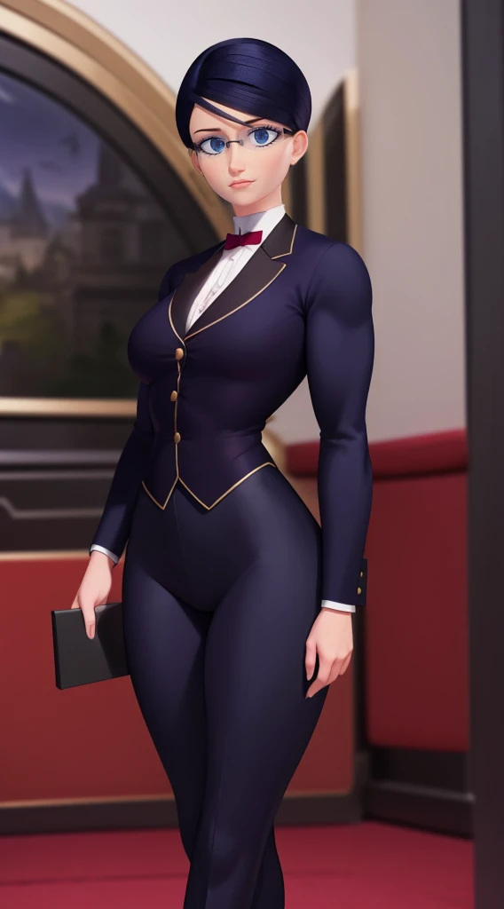 (masterpiece, best quality:1.2), 1girl, solo,Create a detailed illustration of Natalie Sancoeur from Miraculous Ladybug. She is depicted in her usual professional attire, with a stern and composed expression. The background should be set in the Agreste man...