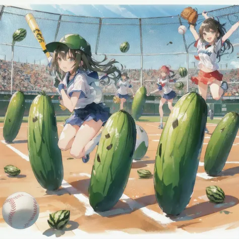 Cartoon characters playing baseball with pickles and ball, smile,Official Anime Artwork, Official Art, Official anime stills, by Oze Kanaoka, high detailed Official Artwork, Official Artwork, Casciato, the material is!!! watermelon!!!, Popular on pixiv, Pr...