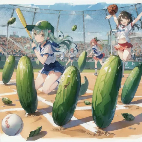 Cartoon characters playing baseball with pickles and ball, smile,Official Anime Artwork, Official Art, Official anime stills, by Oze Kanaoka, high detailed Official Artwork, Official Artwork, Casciato, the material is!!! watermelon!!!, Popular on pixiv, Pr...