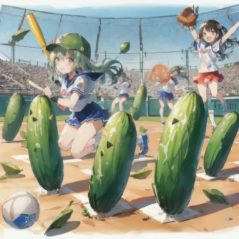 Cartoon characters playing baseball with pickles and ball, smile,Official Anime Artwork, Official Art, Official anime stills, by Oze Kanaoka, high detailed Official Artwork, Official Artwork, Casciato, the material is!!! watermelon!!!, Popular on pixiv, Pr...