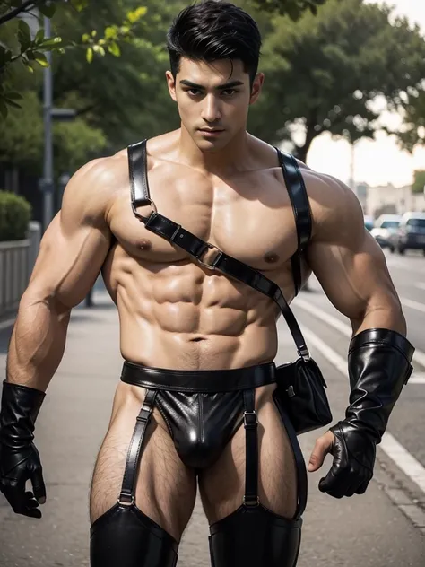 A police muscular shirtless arabian men, leather harness, briefs(underwear), black gloves, outdoor, dark short hair