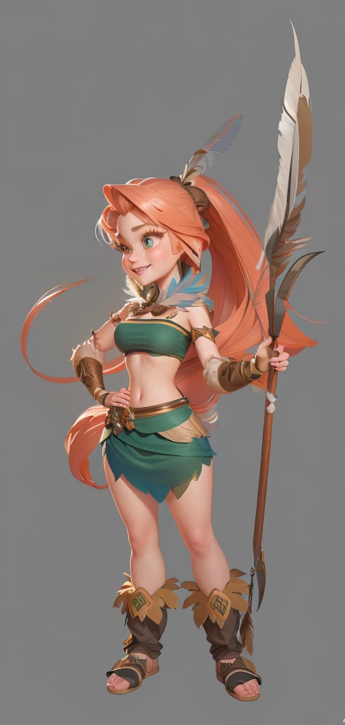 Close-up shot of cartoon girl in feather costume,，Happy laughing forest hunter lady, Exquisite facial features，Big eyes, white long hair lady， realistic character concept, Whole body concept, April Rendering, detailed Whole body concept, Female characters,...