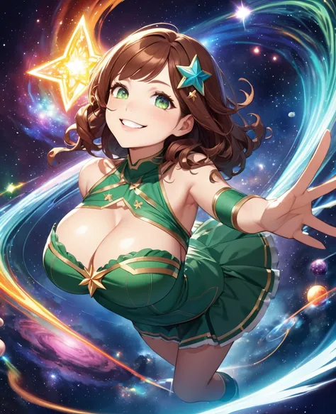 detailed illustration, dynamic angle, ultra-detailed, illustration, 1girl, 18, cosmic, stars, space, magic, Magic Girl, dark green outfit, bright eyes, green eyes, detailed eyes, smiling, winking, mischievous, smirk, cleavage, very large breasts, thin, , t...