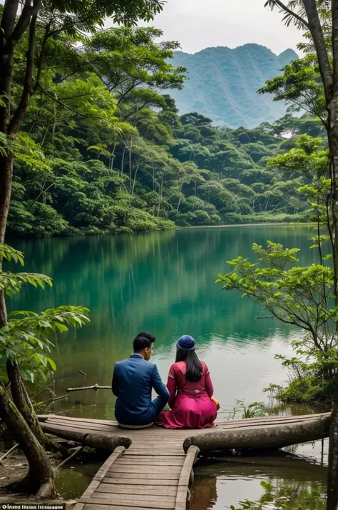 Bayangan wanita dan lelaki saling berpegangan tangan dengan gambar latarbelakang danau di senja hari untuk kulit buku