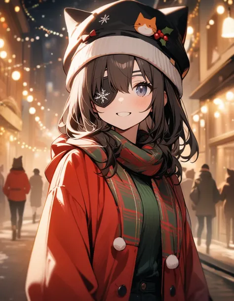 One girl, highest quality，so beautiful，Christmas，Outdoor，masterpiece，Eye patch，Date，Cat hat，smile