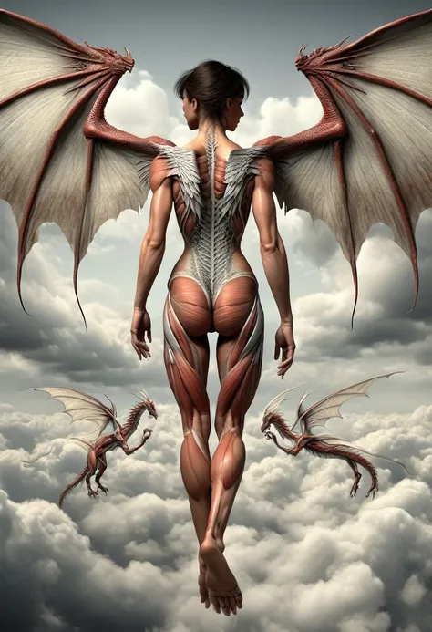 Description anatomique des muscles du dos dune femme avec des ailes de dragon dans le dos, marche sur un nuage, ((wings attached to the back)) , (hyperRéaliste, very detailed, anatomie parfaite)