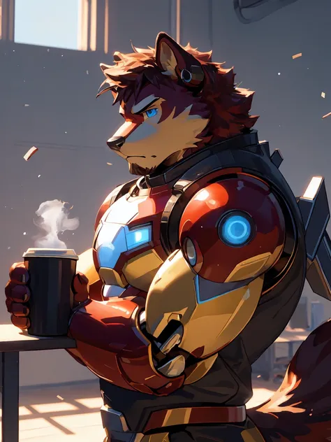 masterpiece, best quality, 8k resolution, Very detailed, hairy，Husky，(Red Hair)，(((Red fur)))，(((Blue eyes)))，Strong，Domineering face，(((Wear Iron Man Mecha Mark Series)))，(((Holding coffee))，(((For the audience)))，Highest quality scene，(((Solitary)))，soli...