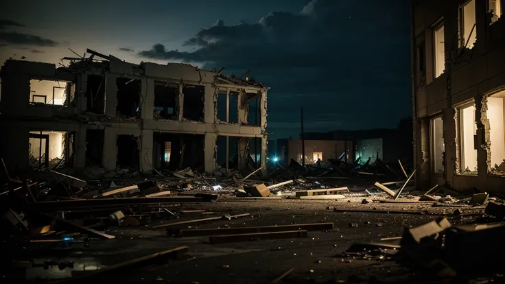 Scenery of a destroyed building at night