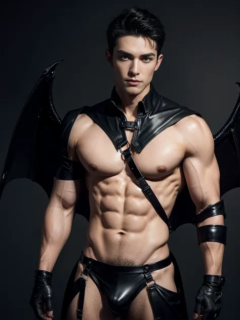 A muscular vampire, shirtless Caucasian male with short dark hair wearing black leather harness and briefs, he make black gloves , posing against a darkness background. he wears the big wing robes,