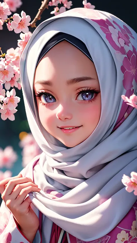 masterpiece, best quality, beautiful detailed face, perfect feminine face, (happy:1.2), smiling, (close-up potrait:1.2), face focus, a beautiful and cute girl with sakura blossom print hijab, pashmina hijab, pashmina sabyan hijab, white hijab, young girl, ...