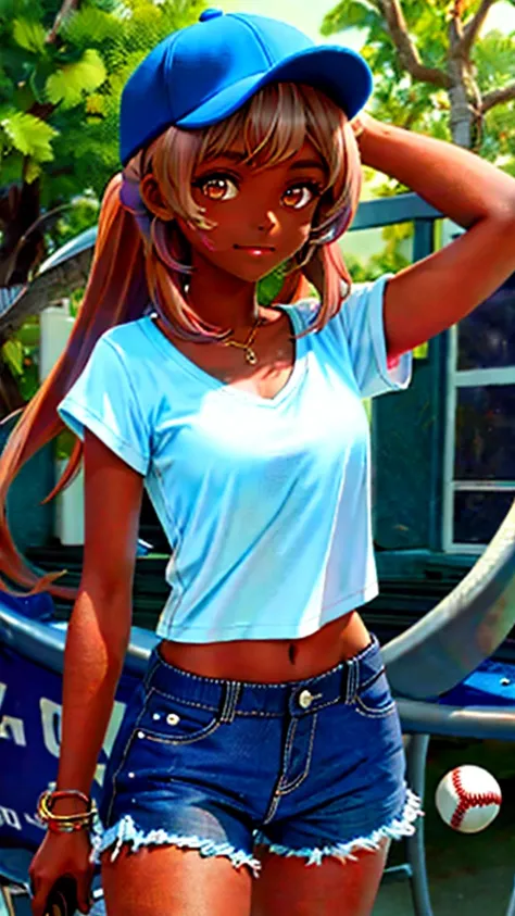 1 Girl, Solo, Dark Skinned, Dark Skinned Female, Torso, Baseball Cap, T-Shirt, Tomboy