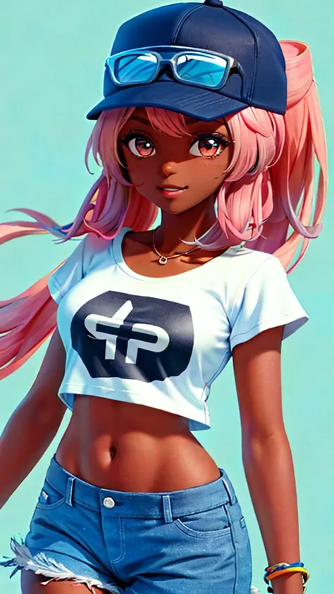 1 Girl, Solo, Dark Skinned, Dark Skinned Female, Torso, Baseball Cap, T-Shirt, Tomboy