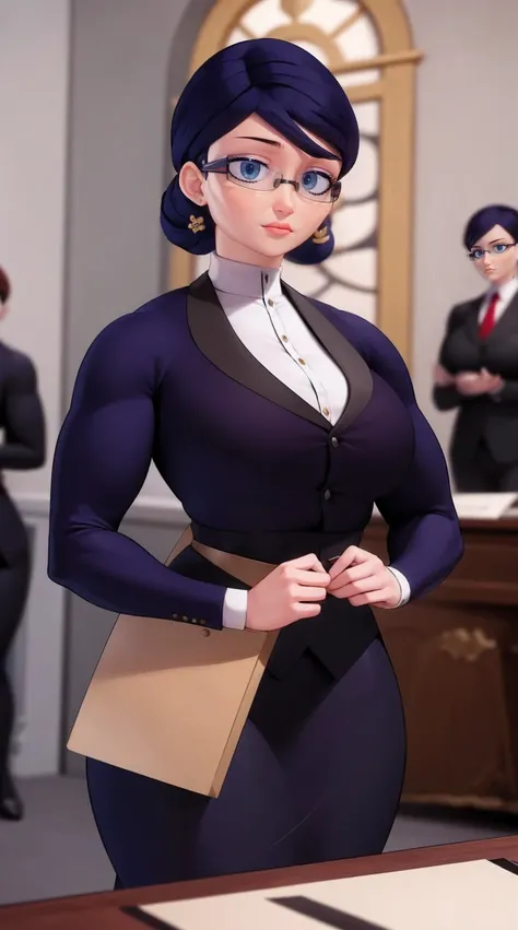 (masterpiece, best quality:1.2), 1girl, solo,Create a detailed illustration of Natalie Sancoeur from Miraculous Ladybug. She is depicted in her usual professional attire, with a stern and composed expression. The background should be set in the Agreste man...