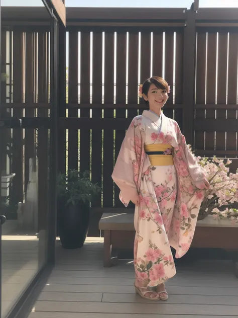 Short-cut hairstyles 、Women in Japan、(Beautiful woman with perfect body shape) 、Full body slender、​masterpiece, top-quality, realisitic, Photorealsitic,ultra-detailliert,1girl,solo, closeup portrait,a smile, Standing in the pink flowers of the plum, kimono...