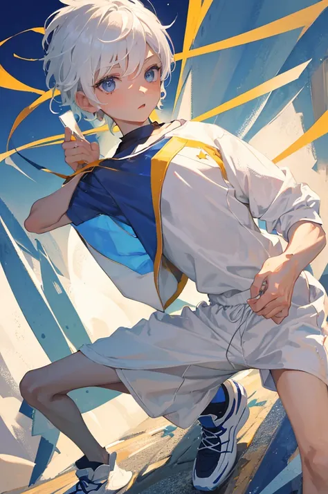 boy in action pose with short white hair, has white sports attire, in his hands he holds daggers, close up