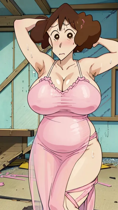 Misae Nohara,(Mature Woman:1.8),(Absurd, 8k, 4K, Tabletop, Extremely detailed:1.2), highest quality, Perfect Anatomy,Perfect Face,Look forward,High humidity,(Sweaty:1.3),(Huge breasts:1.7),(Pink sheer nightgown:1.5),(Wet:1.4),Sitting on the floor,(In an ab...