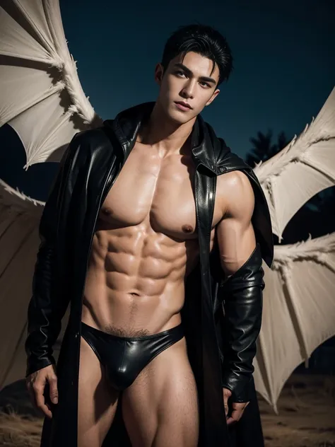 A muscular vampire, naked Caucasian male with short dark hair wearing black leather harness and briefs, he make black gloves , posing against at night outdoor. he wears the big wing robes,