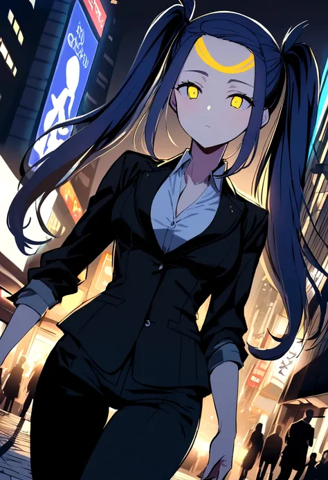 (One very tall, good looking woman,Navy Blue Hair,Her hairstyle is twin tails that expose her forehead., yellow eyes,Medium chest,Dynamic Angle Tall)Thick Black１Color ,Black trousers,Downtown Shibuya at night