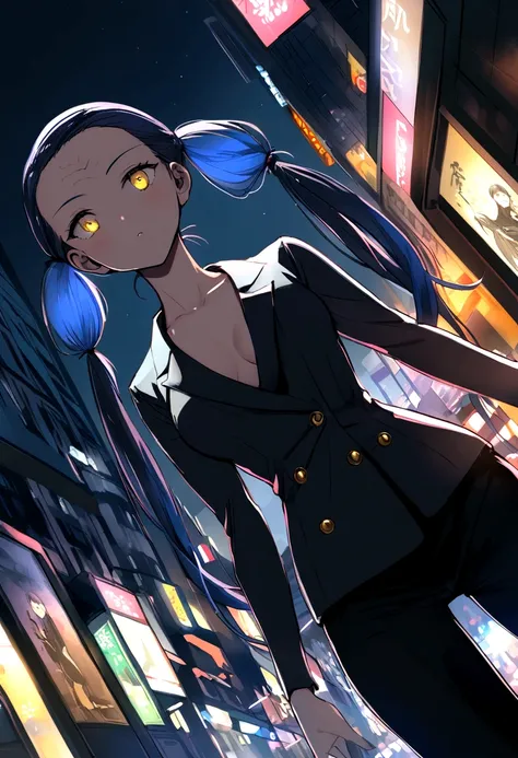 (One very tall, good looking woman,Navy Blue Hair,Her hairstyle is twin tails that expose her forehead., yellow eyes,Medium chest,Dynamic Angle Tall)Thick Black１Color ,Black trousers,Downtown Shibuya at night