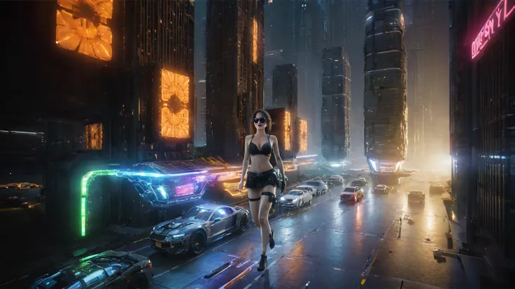 UE 5, computer render, Rendered by Octane, (8K, tmasterpiece), (realistically, Photo degree:1) luminescent concept art, (((((aerial view))))) of Cyberpunk city scene, ((Surreal architecture)), (((((cars flying, 1 drone))))). Matrix style, (((((Matrix casca...