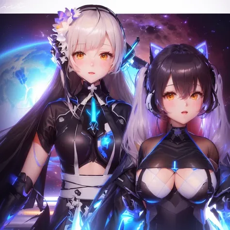 anime characters in a scene with a planet in the background, girls frontline universe, from arknights, from the azur lane videogame, characters from azur lane, arknights, from girls frontline, girls frontline cg, perfect android girl family, girls frontlin...