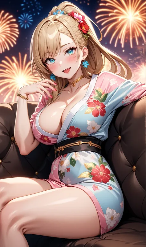 ((one personの女性)), Beautiful Face, Laughing embarrassedly,((Wink:2.0)),((a woman in a sexy pose. She is lying on a sofa, supporting her head with one hand while the other hand is sensually running along her body. Her expression is seductive:1.3)),Laughing ...