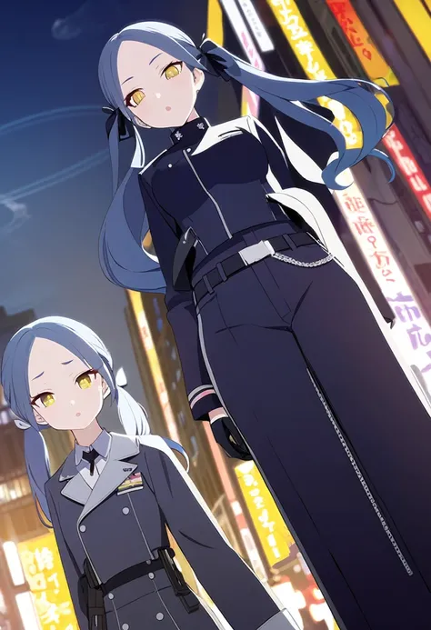 (One very tall, good looking woman,Navy Blue Hair,Her hairstyle is twin tails that expose her forehead., yellow eyes,Medium chest,Dynamic Angle Tall)Thick Black１Color ,Black trousers,Downtown Shibuya at night