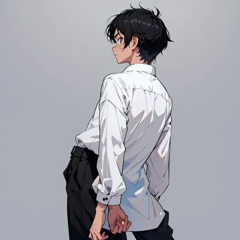 a photo of Kichirō Grigoris, a 10 year old boy, brunette, with black hair, blue eyes, white blouse, black pants, white sneakers, Front, side, back view animated character. Flat vector illustration. light gray background.