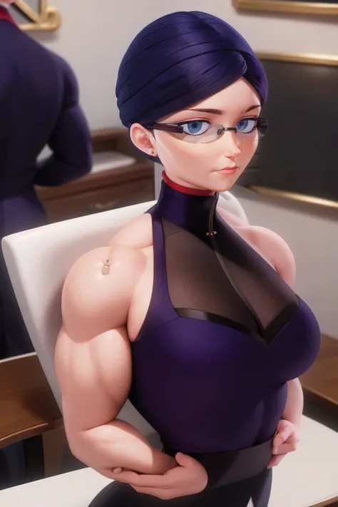 (masterpiece, best quality:1.2), 1girl, solo,Create a detailed illustration of Natalie Sancoeur from Miraculous Ladybug. She is depicted in her usual professional attire, with a stern and composed expression. The background should be set in the Agreste man...