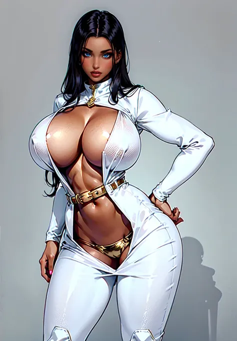  women,brown skin,black long hair, dark brown eyes, white long dress, clevagw,big breast,gold belt,white boots,standing 